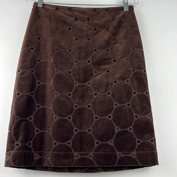 Boden | Brown Circle Embroidered Velvet Pencil Skirt Lined Back Zipper Size 4R - Picture 2 of 10